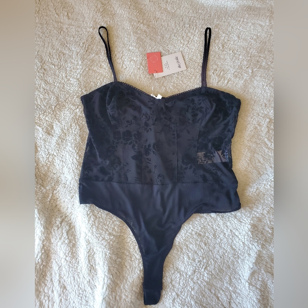 Frolic flock mesh bodysuit in black, US Size 12, UK Size 16, EUR Size 44